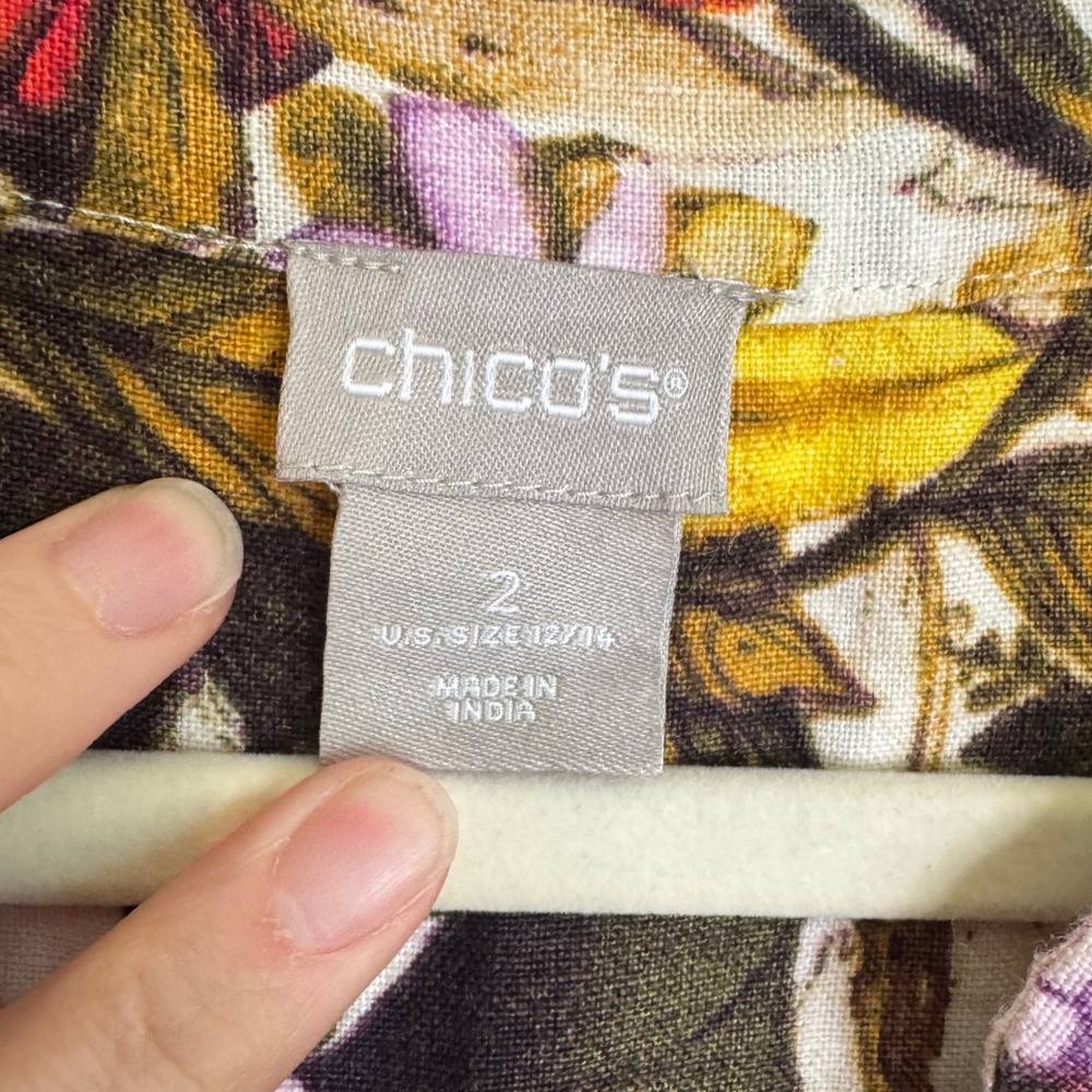 Chicos 100% Linen Dress Large Tan Floral 3/4 Sleeve Boho Coastal Lagenlook - Picture 3 of 10